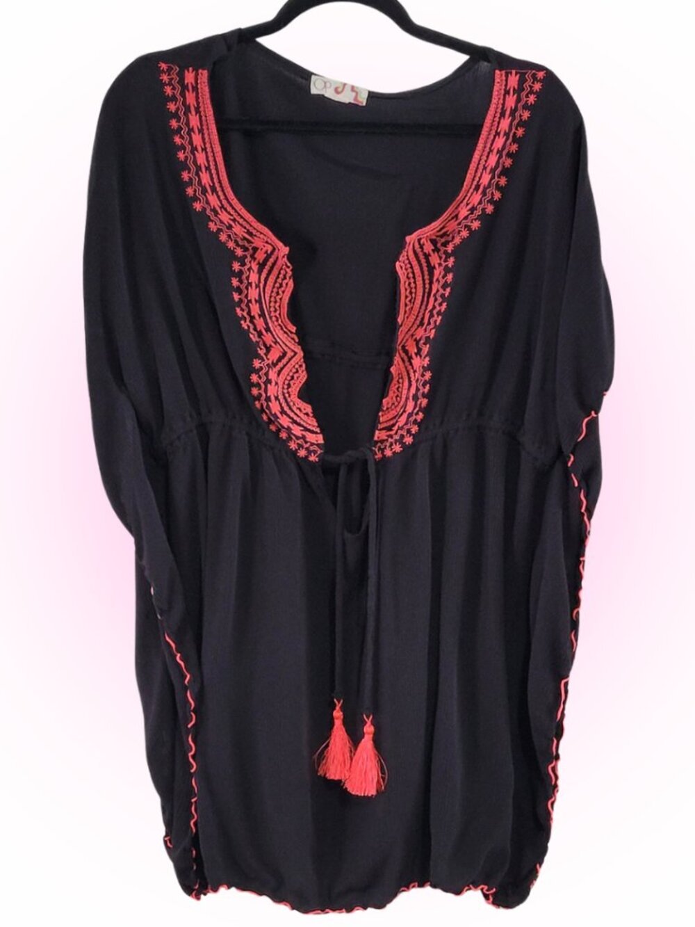 Y2K OP BLACK PINK TASSLES EMBROIDERED BEACH BATHING SUIT COVER-UP EUC L